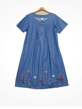 Y2K The Vermont Country Store Blue Denim Midi Dress Embroidered Cottagecore 1X